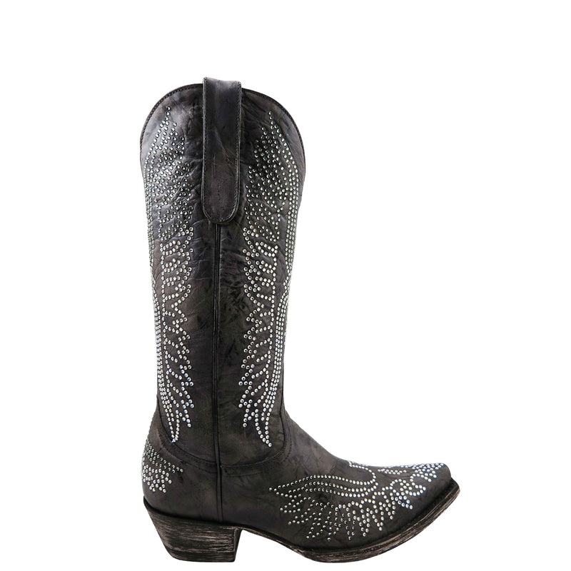 A black leather boo decorated with crystal embellishments on the shaft and toe.
