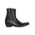 Black cowboy boot with intricate designs on a white background