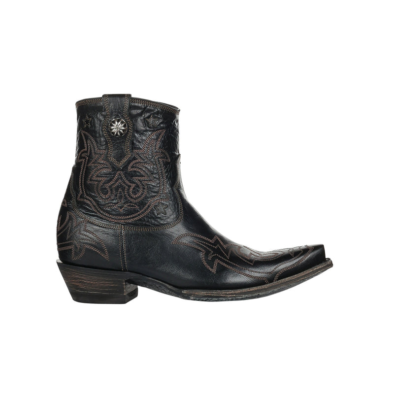 Black cowboy boot with intricate embroidery on a white background