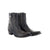 Pair of black cowboy boots with intricate designs on a white background