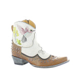 Botin in crackled taupe and nut with studs and embroiery of flowers and hummingbird.
