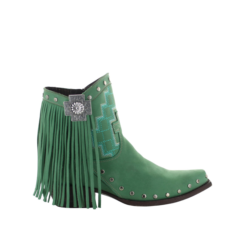 A green boot with a high heel and fringe detail, featuring a decorative buckle and the 'Double D Ranch by Old Gringo' brand mark on the toe.