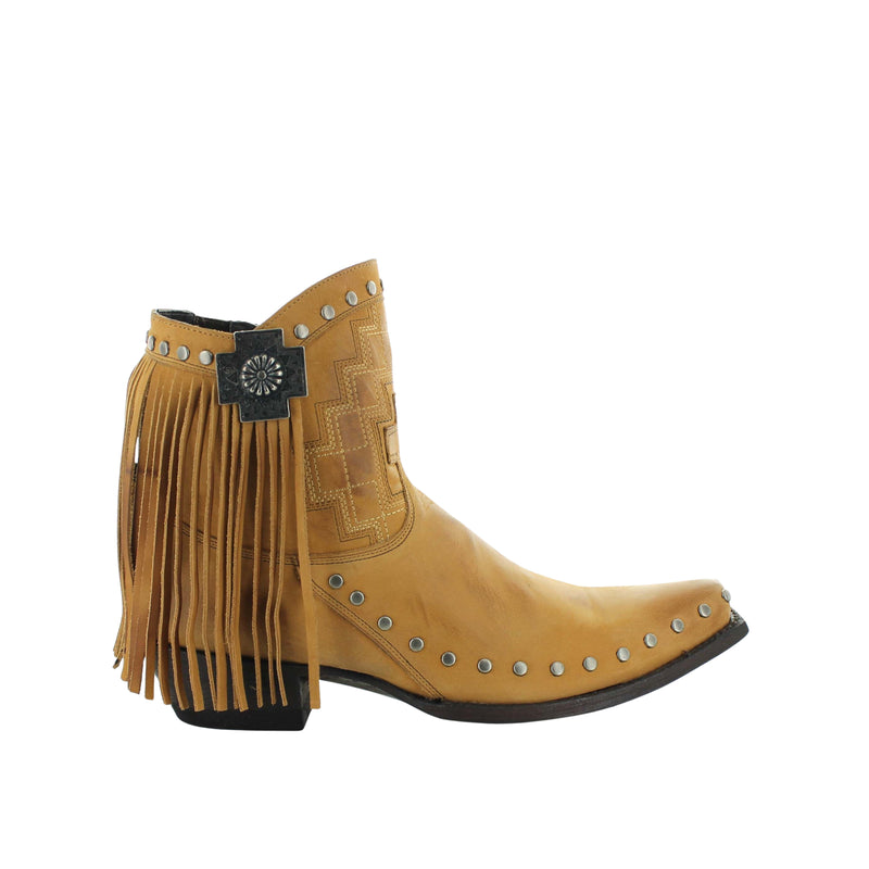 A cream-colored, brown leather women's boot with a high heel and a decorative buckle.