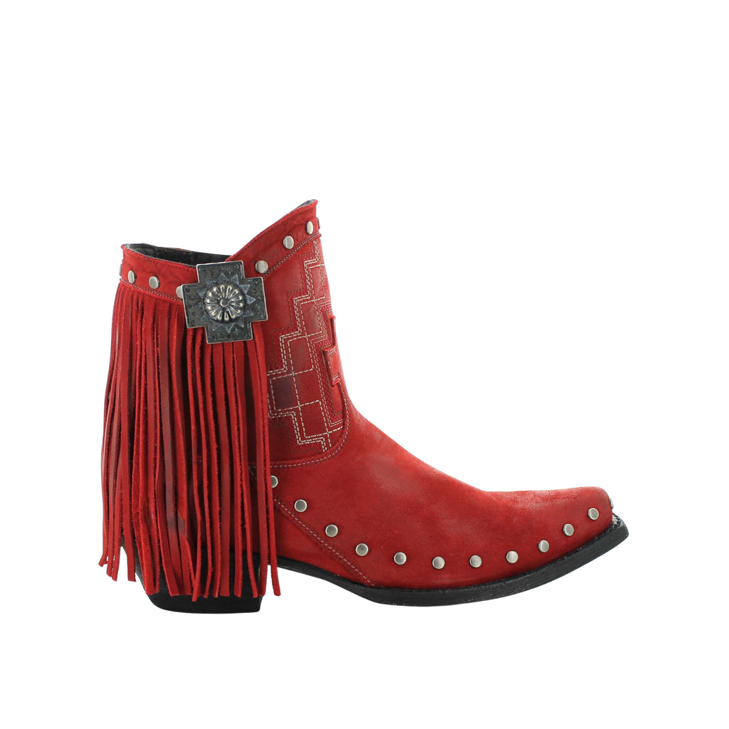 A red leather boot with a fringe design and a decorative buckle, against a white background.