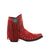A red leather boot with a fringe design and a decorative buckle, against a white background.