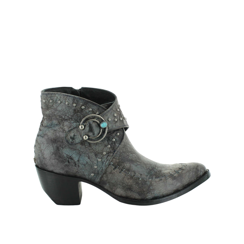 A blue and grey braided boot with a round toe and a ranch heel, featuring a decorative buckle and hardware.