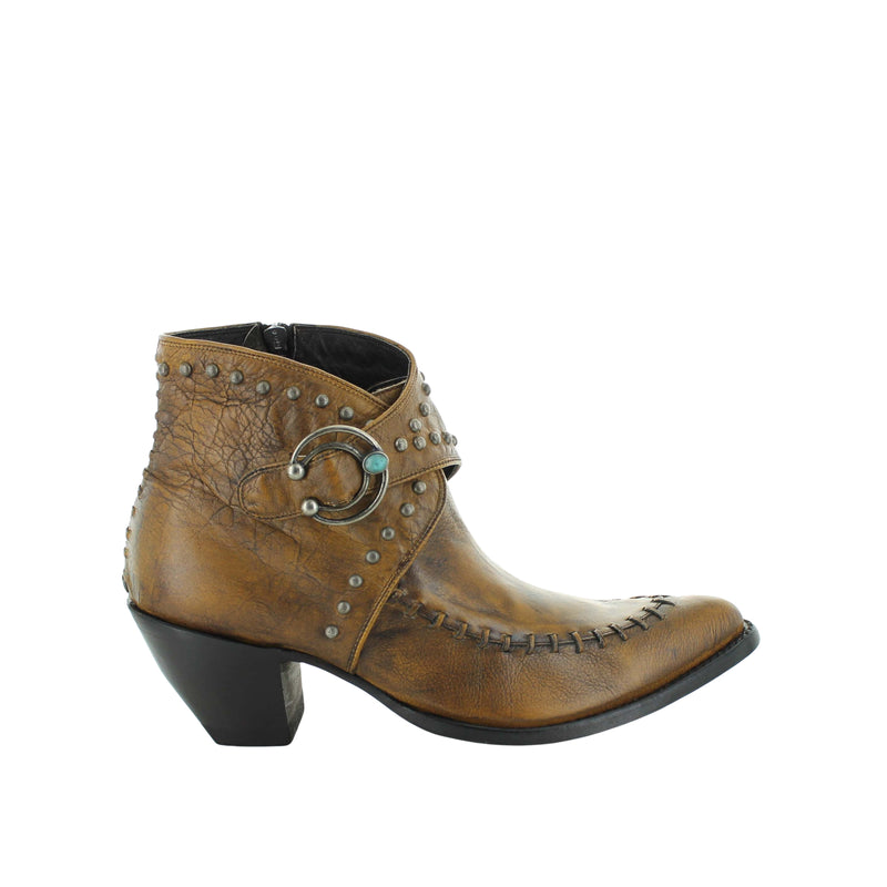 A brown leather lace-up boot with a round toe and a synthino heel, featuring buckle details and a braided design on the shaft.