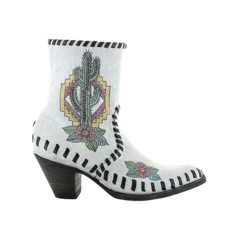 A pair of women's boots with a crackled white leather upper, featuring a granny toe and angelica heel design, with braided floral patterns.