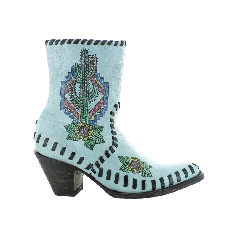 Crackled blue leather boot with braided details and a high heel.