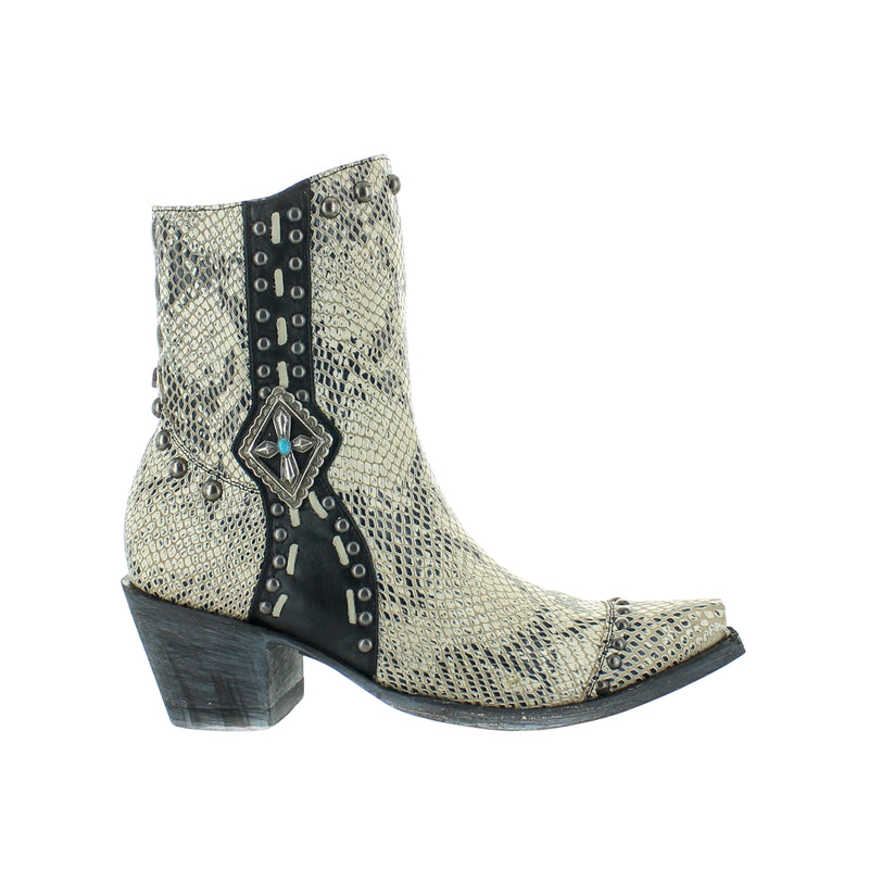 A white snake print cowboy boot with black detailing and buckles, featuring a braided texture design.