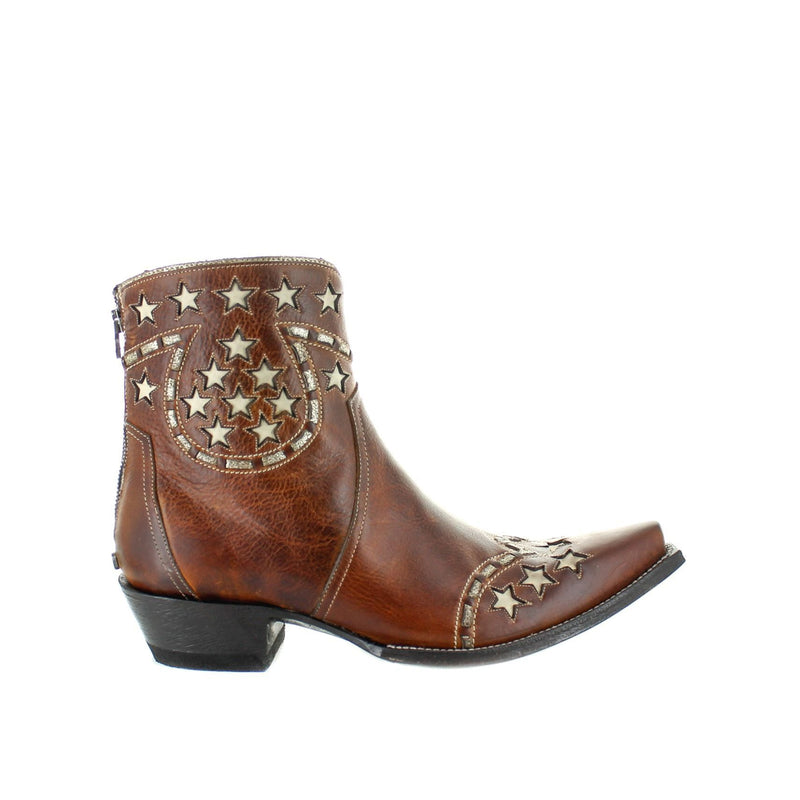 A brown leather stitched boot with star embellishments on the toe and heel, featuring a snug fit and a low heel.