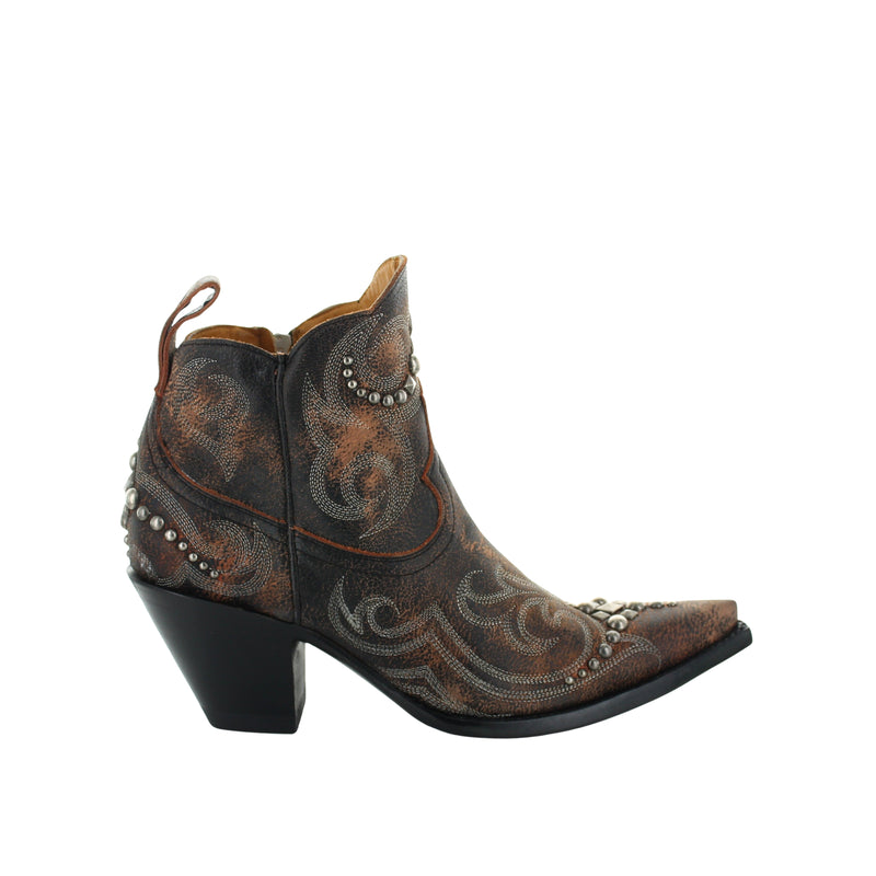 A brown leather cowboy boot with detailed embroidery and a high heel.