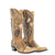 A pair of brown, hand-tooled leather boots with detailed embossing and the state patches "CO" and "AZ"