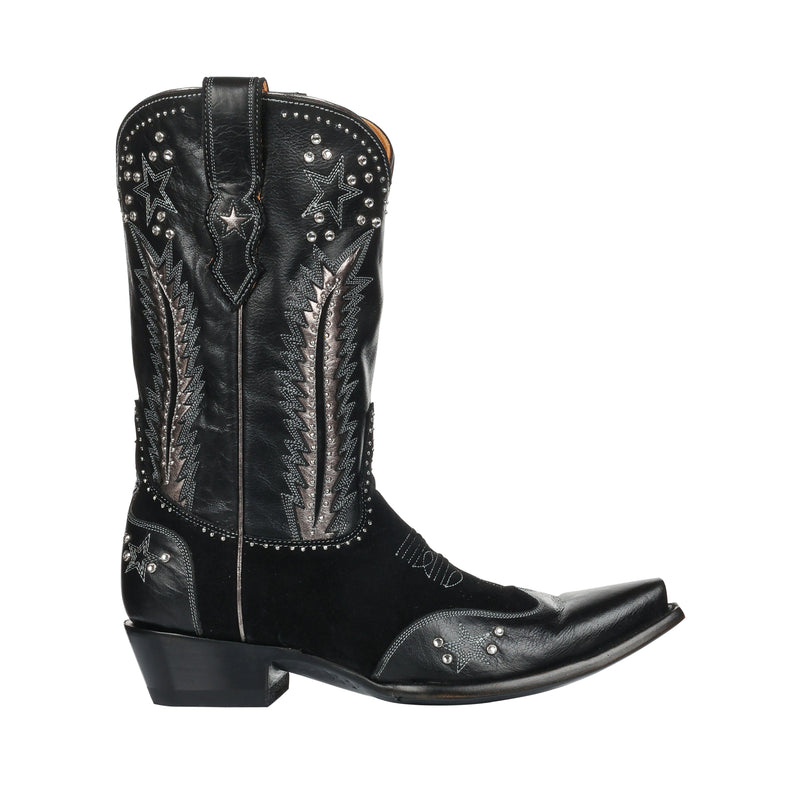 Black cowboy boot with star and pattern design on a white background