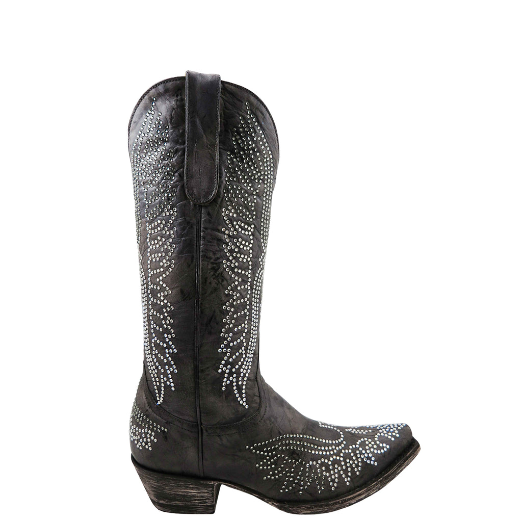 A black leather boo decorated with crystal embellishments on the shaft and toe.