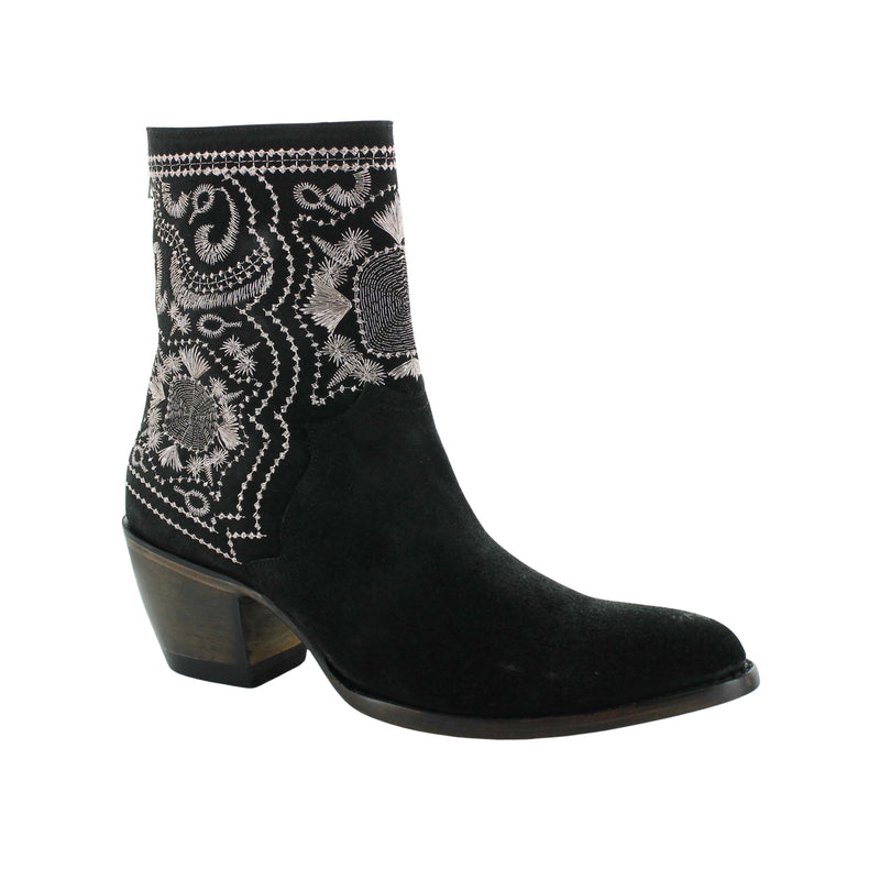 A black boot with embroidered detailing on the shaftl.