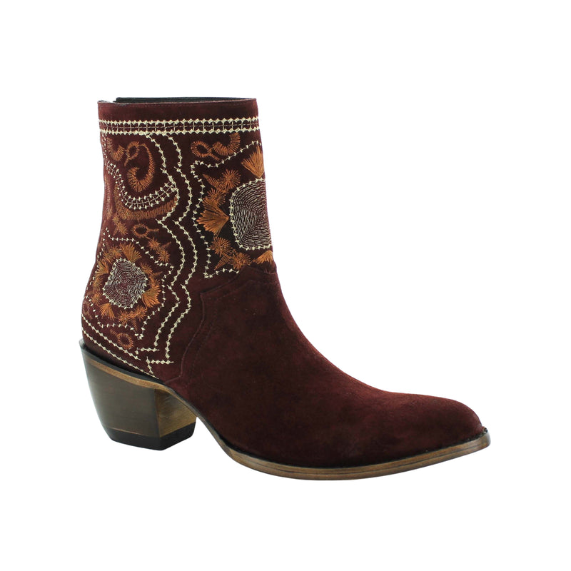 A wine-colored boot with embroidered details on the shaft and counter heel.