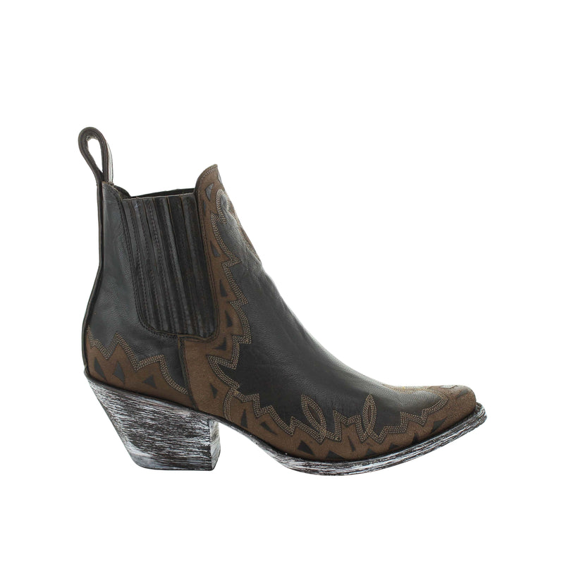A chocolate-colored, leather boot with a round toel, featuring detailed stitching on the side.