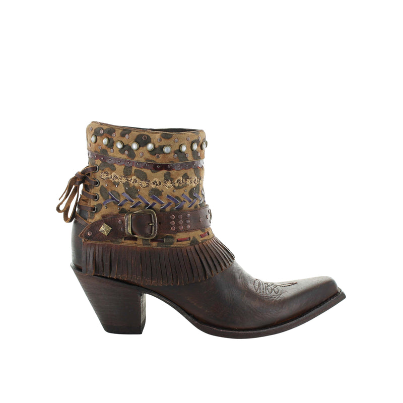 A brown leather boot featuring braided fringe and buckle details.