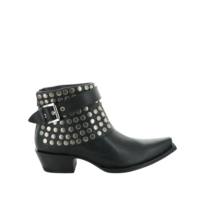 Black leather boot featuring a decorative metal buckle on the top and a studded pattern on the shaft.