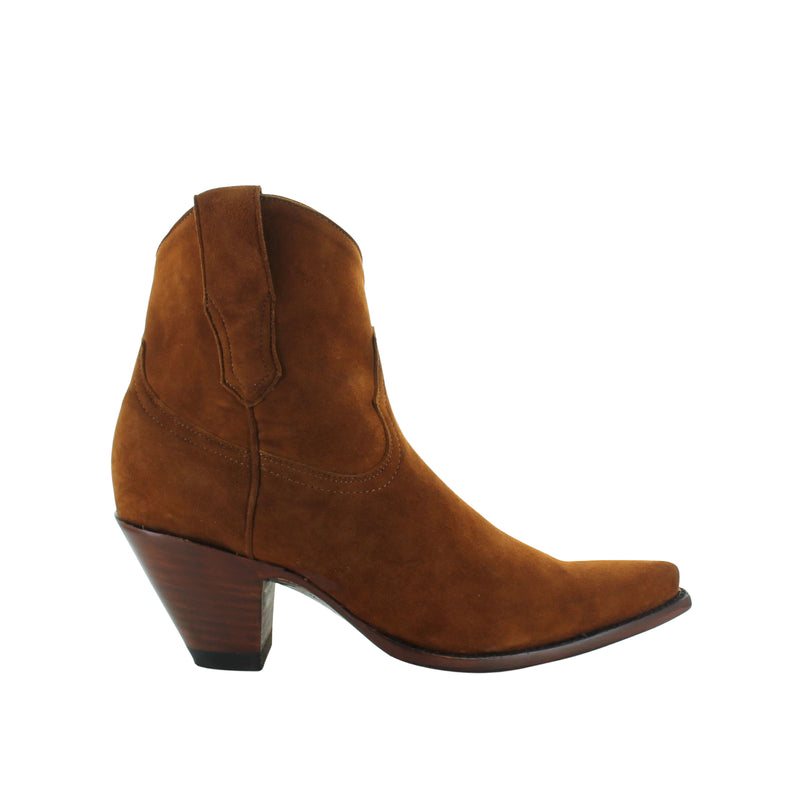 A brown leather boot with a high heel and a pointed toe, displayed against a white background.