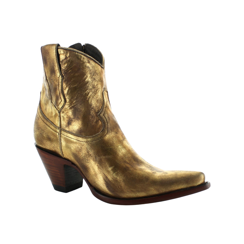 A gold-colored women's boot with a high heel and a pointed toe, featuring a glossy finish and a brown leather sole.