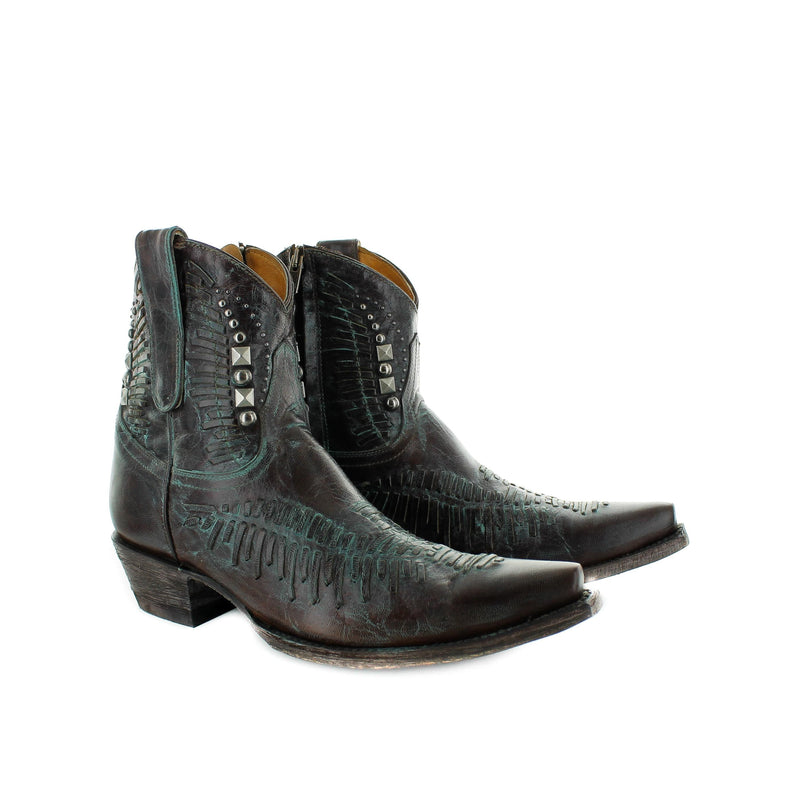 A pair of women's boots with a long toe and high heel, featuring a brown leather upper with decorative stitching and a rubber sole.