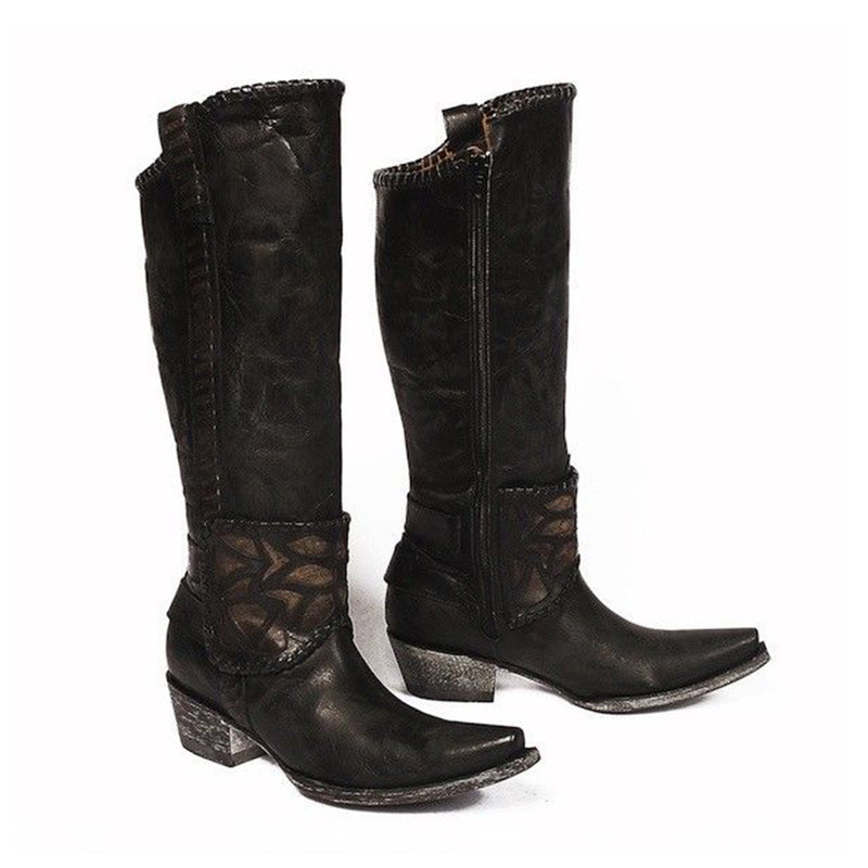 A pair of black, faux leather Old Gringo boots with embroidered detailing on the toe and heel.